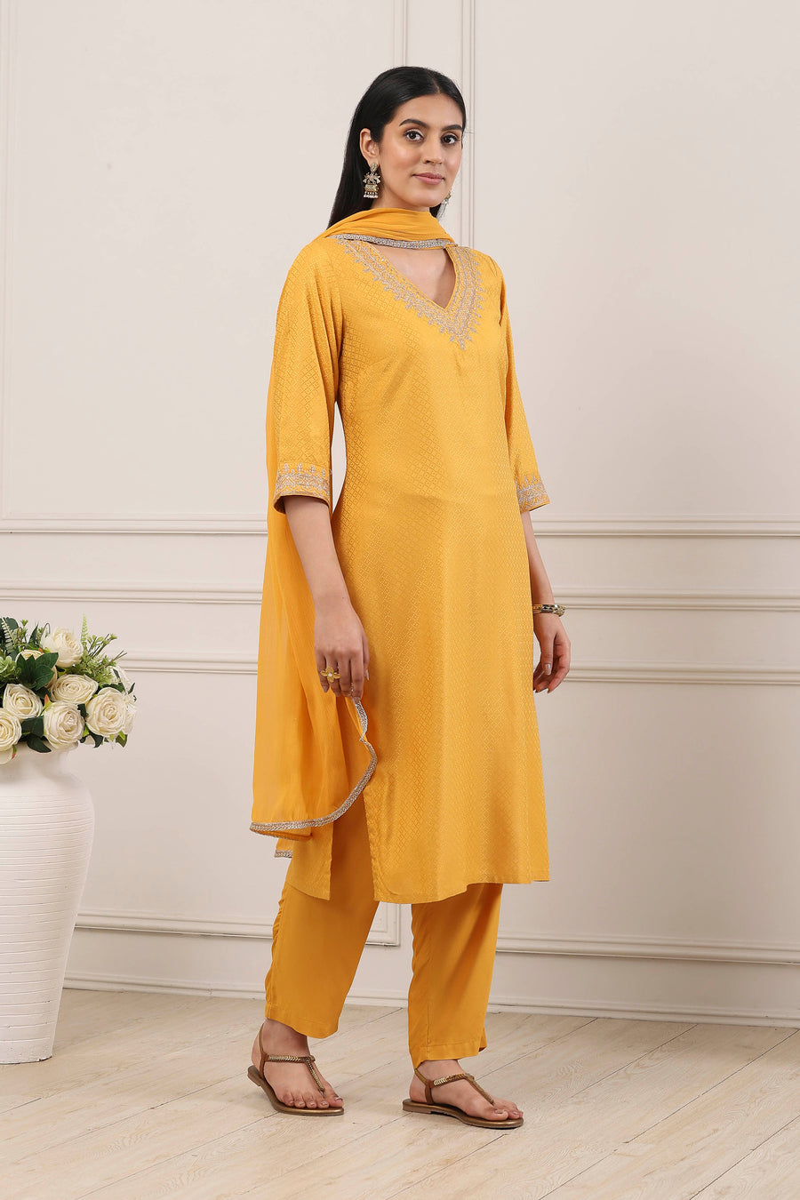 Yellow Minimal Embroidered Straight Suit Set KS60