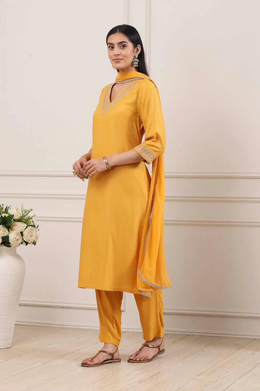 Yellow Minimal Embroidered Straight Suit Set KS60