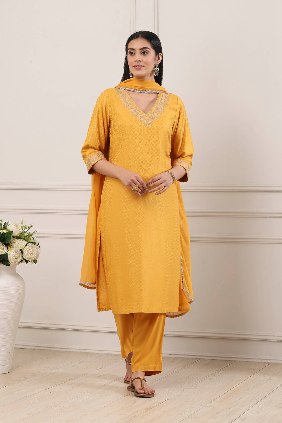 Yellow Minimal Embroidered Straight Suit Set KS60