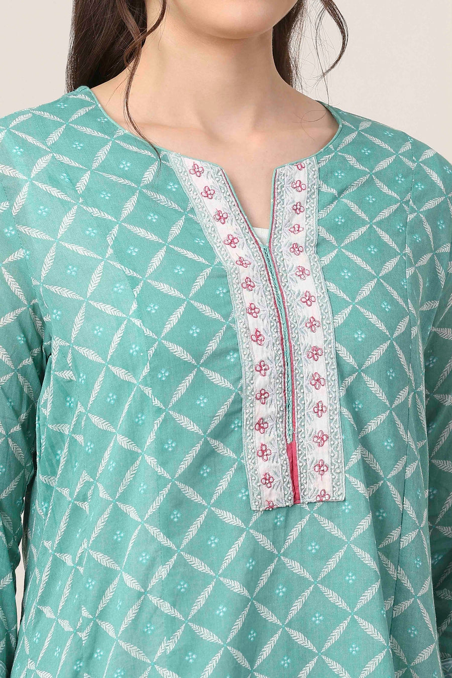 Turquoise Cotton Anarkali Kurta Palazzo Suit Set A34