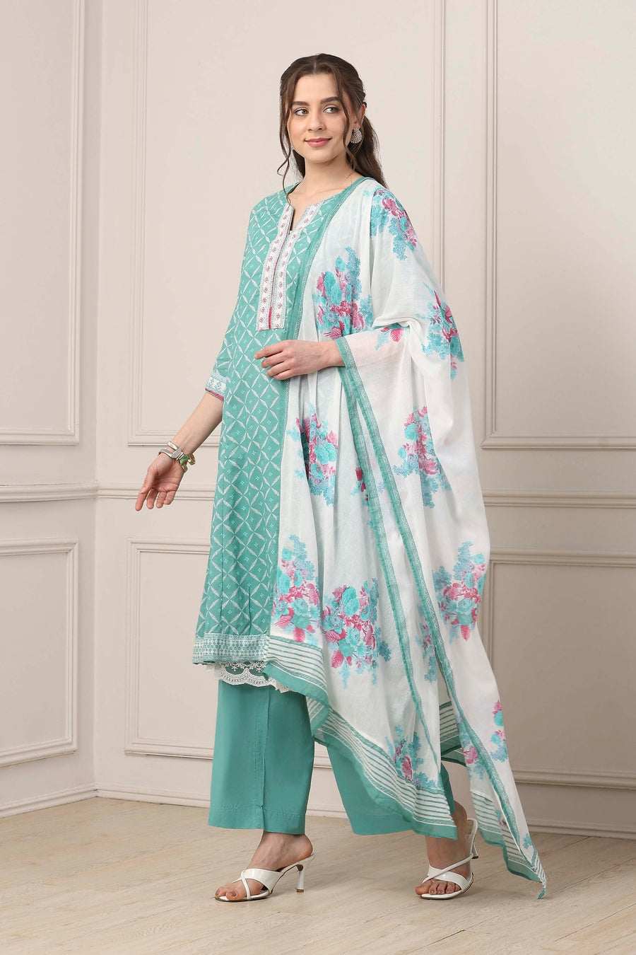 Turquoise Cotton Anarkali Kurta Palazzo Suit Set A34