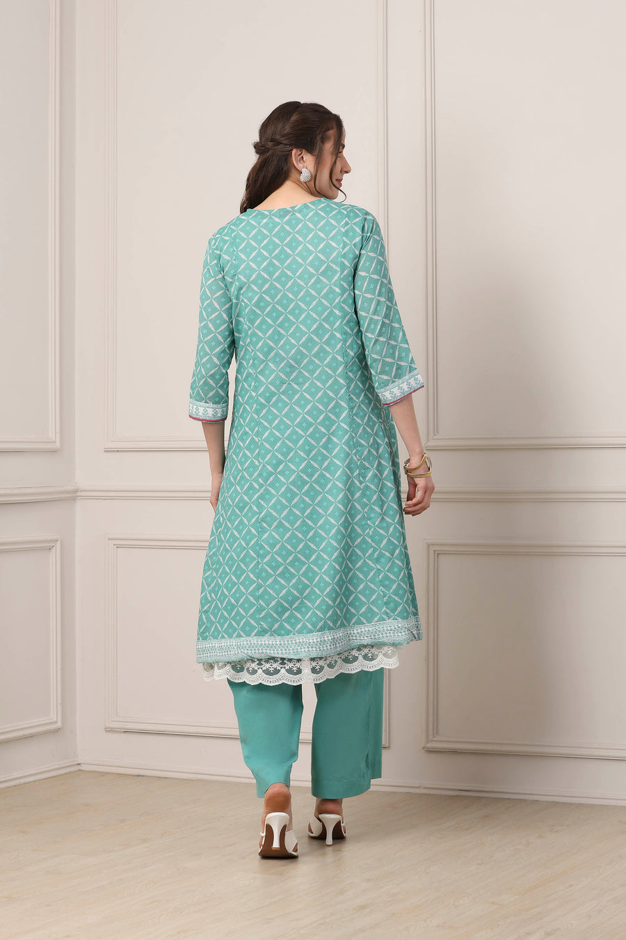 Turquoise Cotton Anarkali Kurta Palazzo Suit Set A34