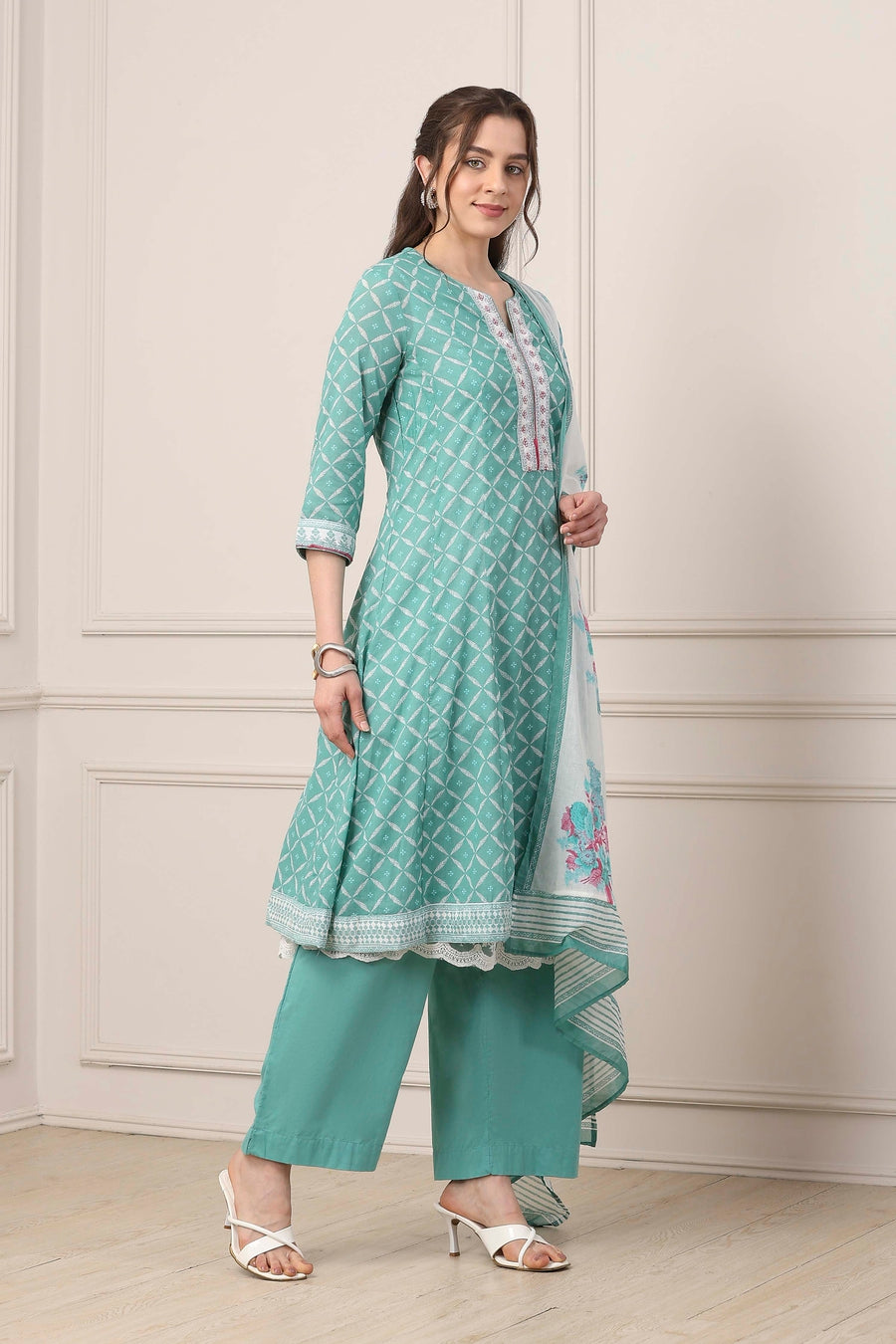 Turquoise Cotton Anarkali Kurta Palazzo Suit Set A34