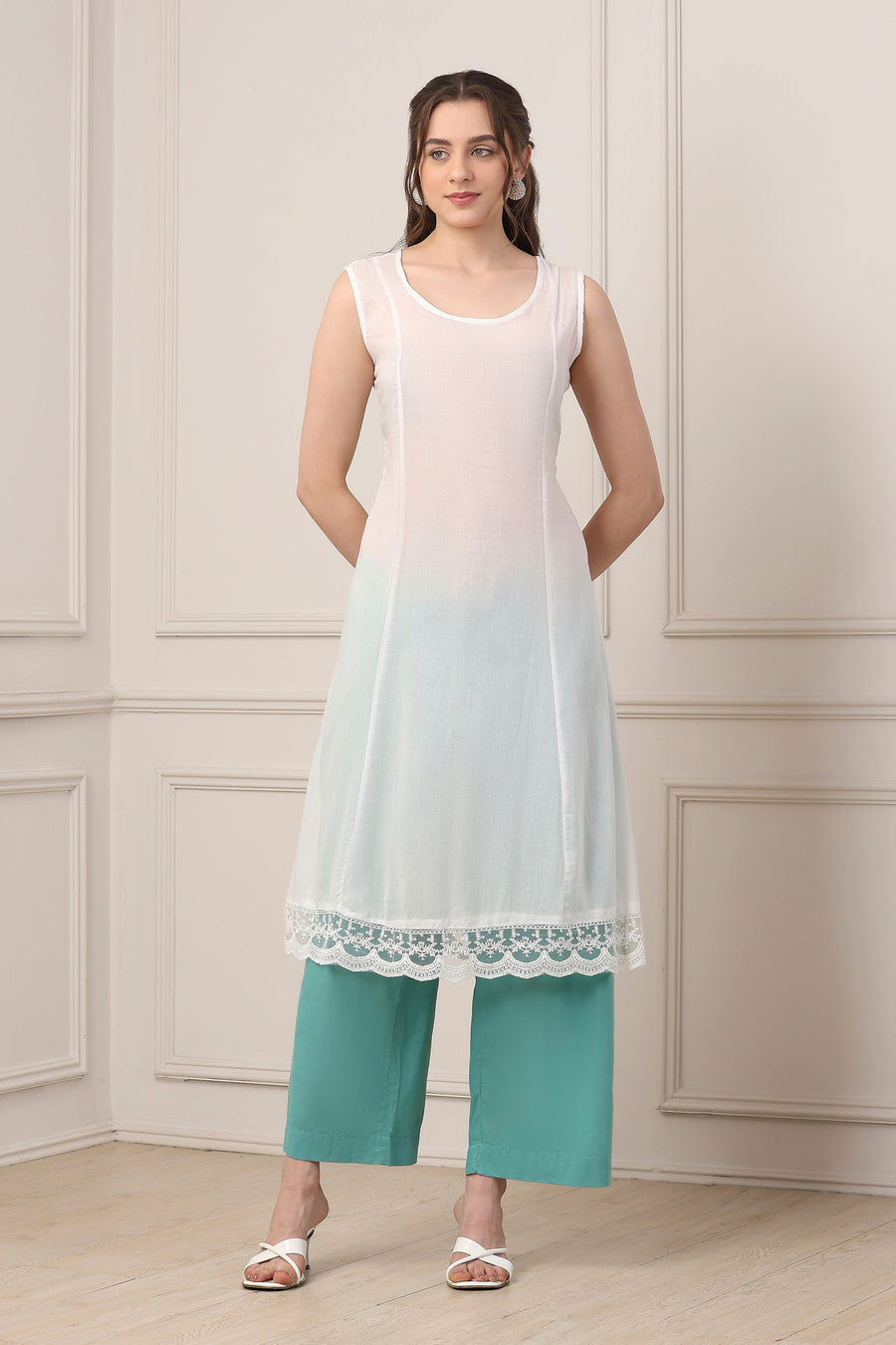 Turquoise Cotton Anarkali Kurta Palazzo Suit Set A34