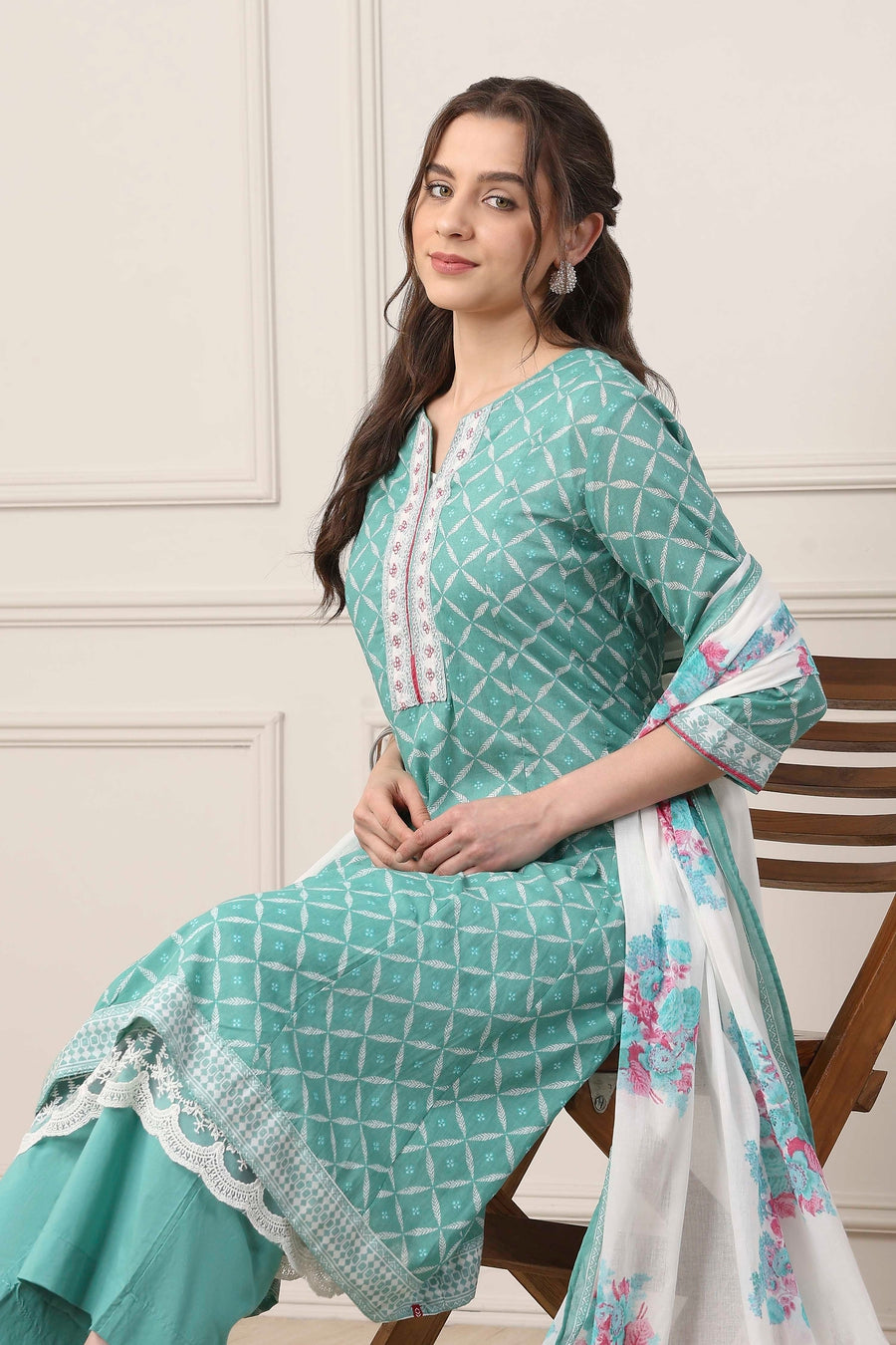 Turquoise Cotton Anarkali Kurta Palazzo Suit Set A34