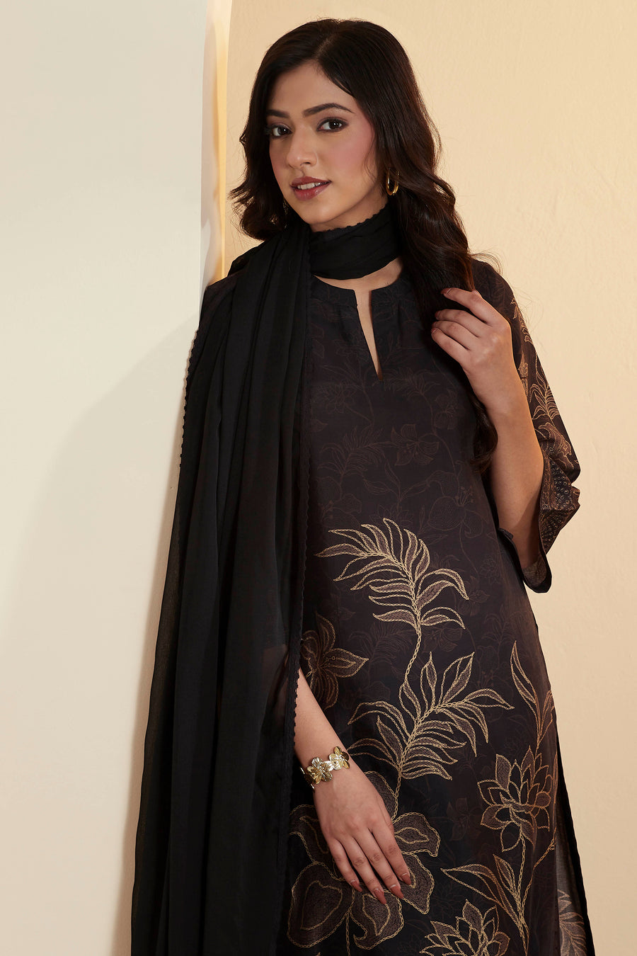 Black Floral Printed Viscose Blend Kurta Set KS60