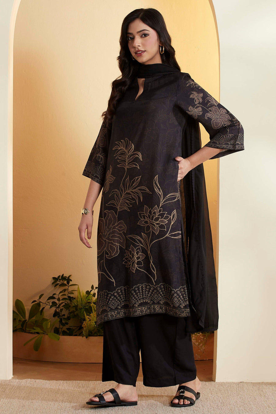 Black Floral Printed Viscose Blend Kurta Set KS60