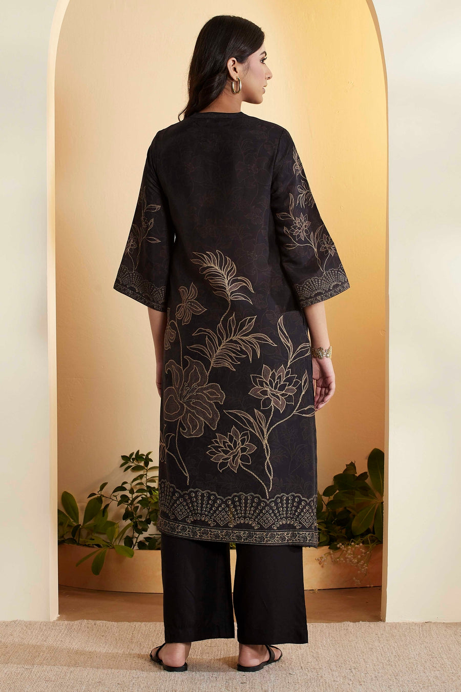Black Floral Printed Viscose Blend Kurta Set KS60