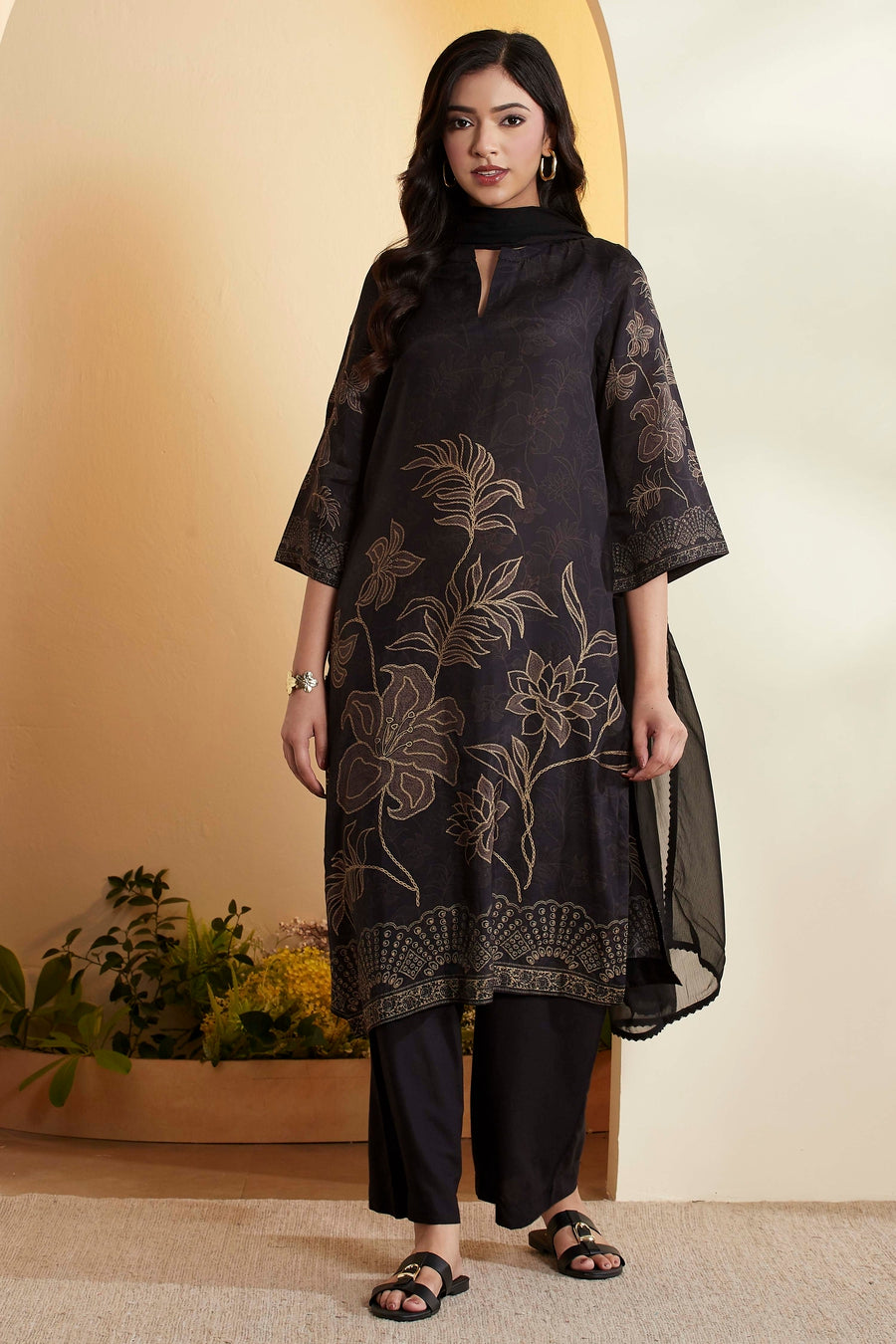 Black Floral Printed Viscose Blend Kurta Set KS60