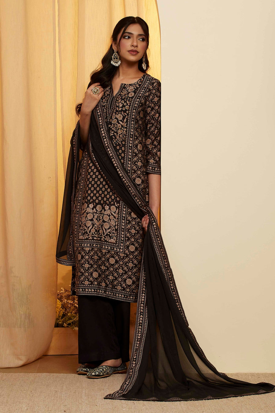 Black Viscose Blend Printed Straight Kurta Set KS60