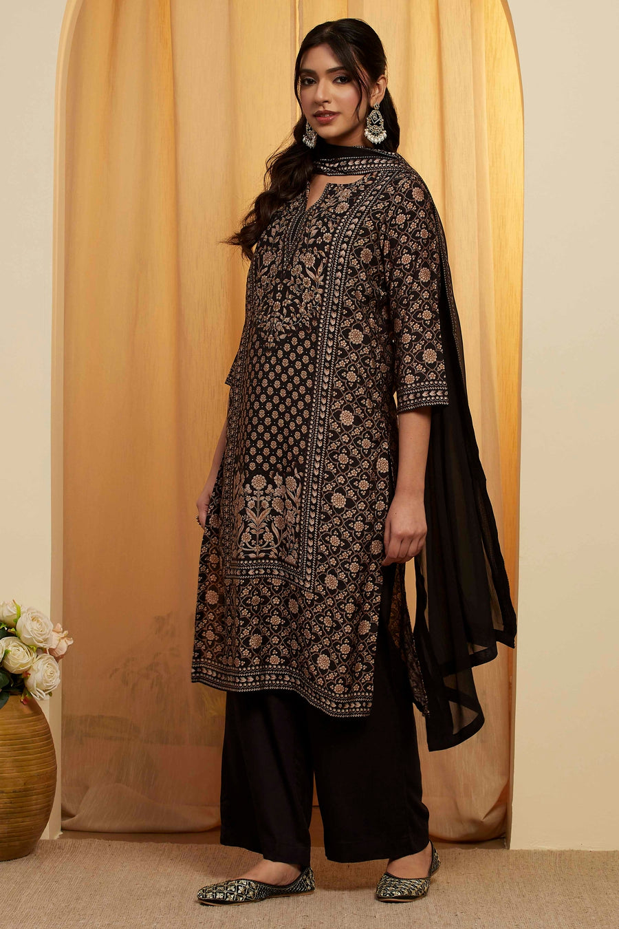 Black Viscose Blend Printed Straight Kurta Set KS60