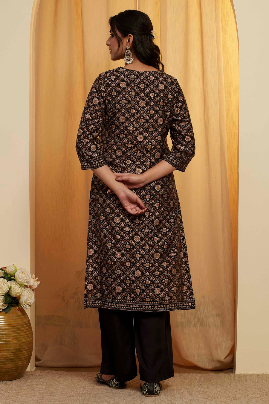 Black Viscose Blend Printed Straight Kurta Set KS60
