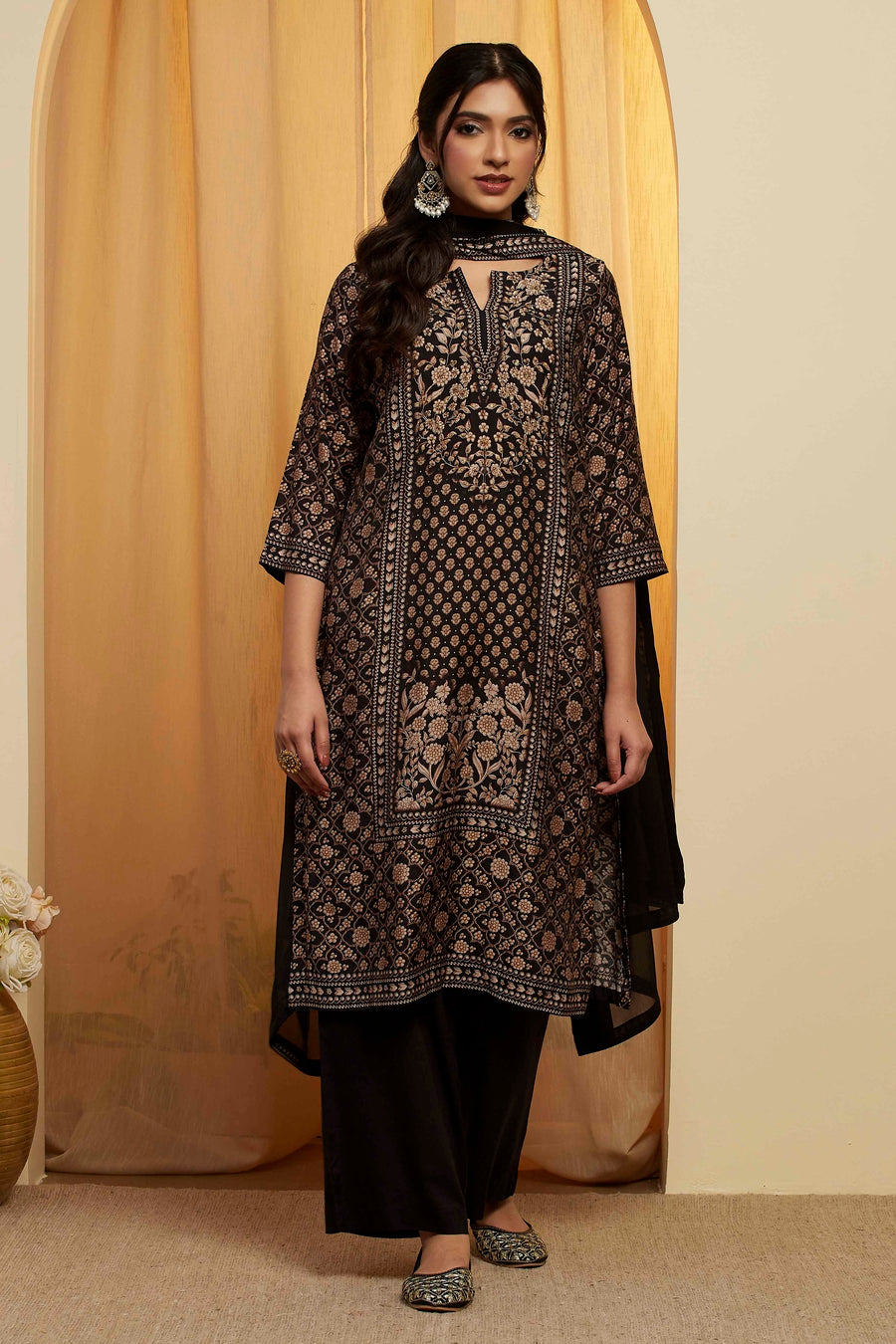 Black Viscose Blend Printed Straight Kurta Set KS60