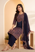 Blue Viscose Silk Printed Straight Kurta Set KS60
