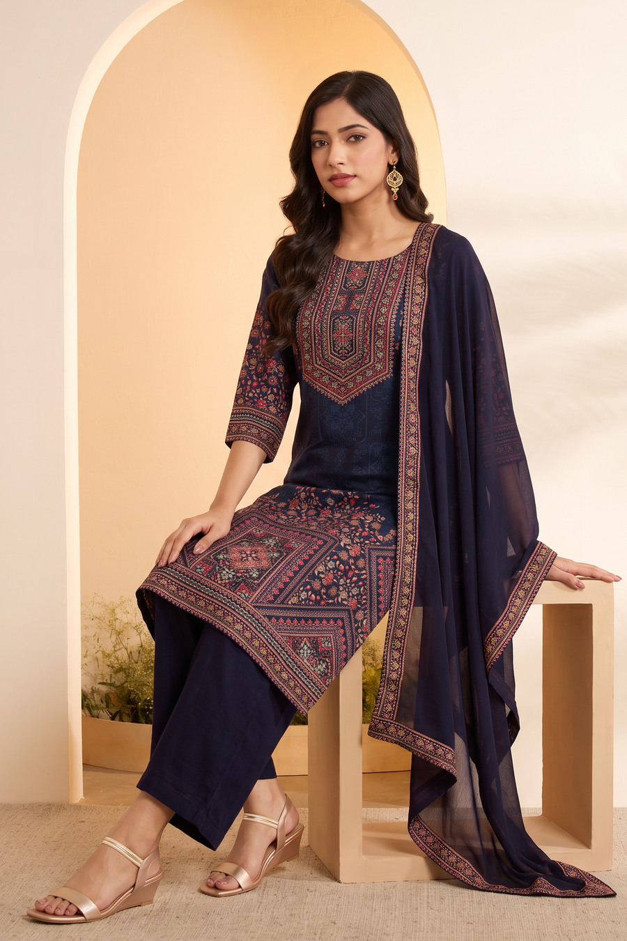 Blue Viscose Silk Printed Straight Kurta Set KS60