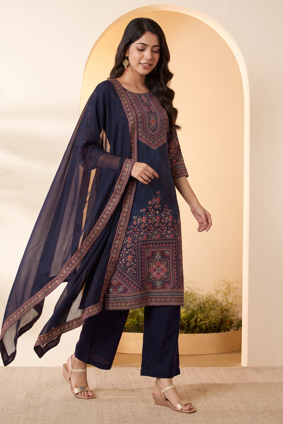 Blue Viscose Silk Printed Straight Kurta Set KS60