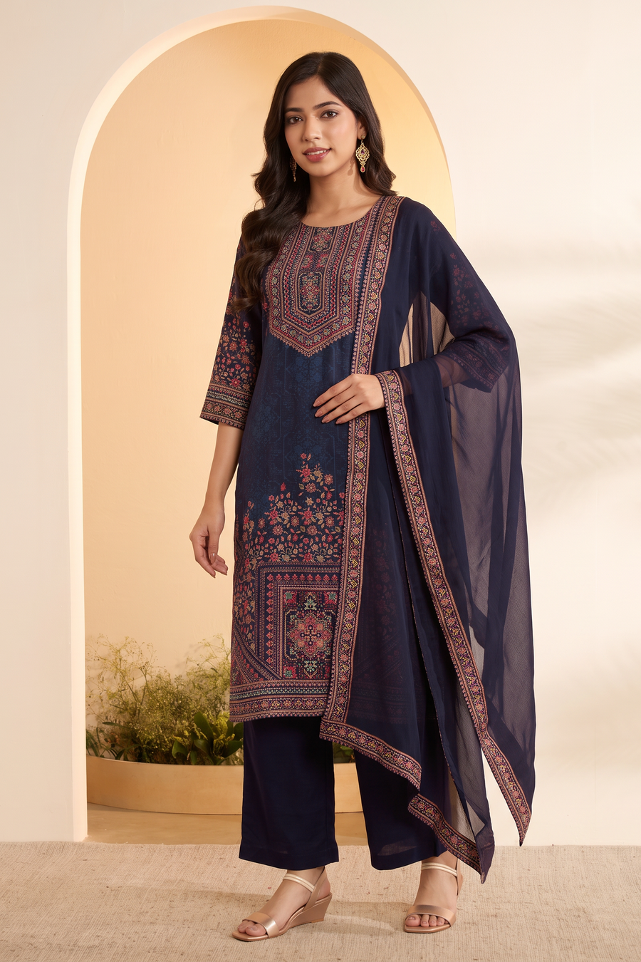 Blue Viscose Silk Printed Straight Kurta Set KS60