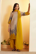 Grey & Beige Viscose Blend Geometric Straight Kurta Set KS60