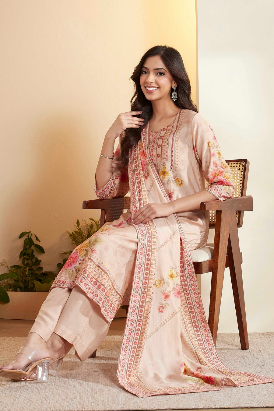 Beige Viscose Rayon Floral Printed Straight Kurta Set KS60
