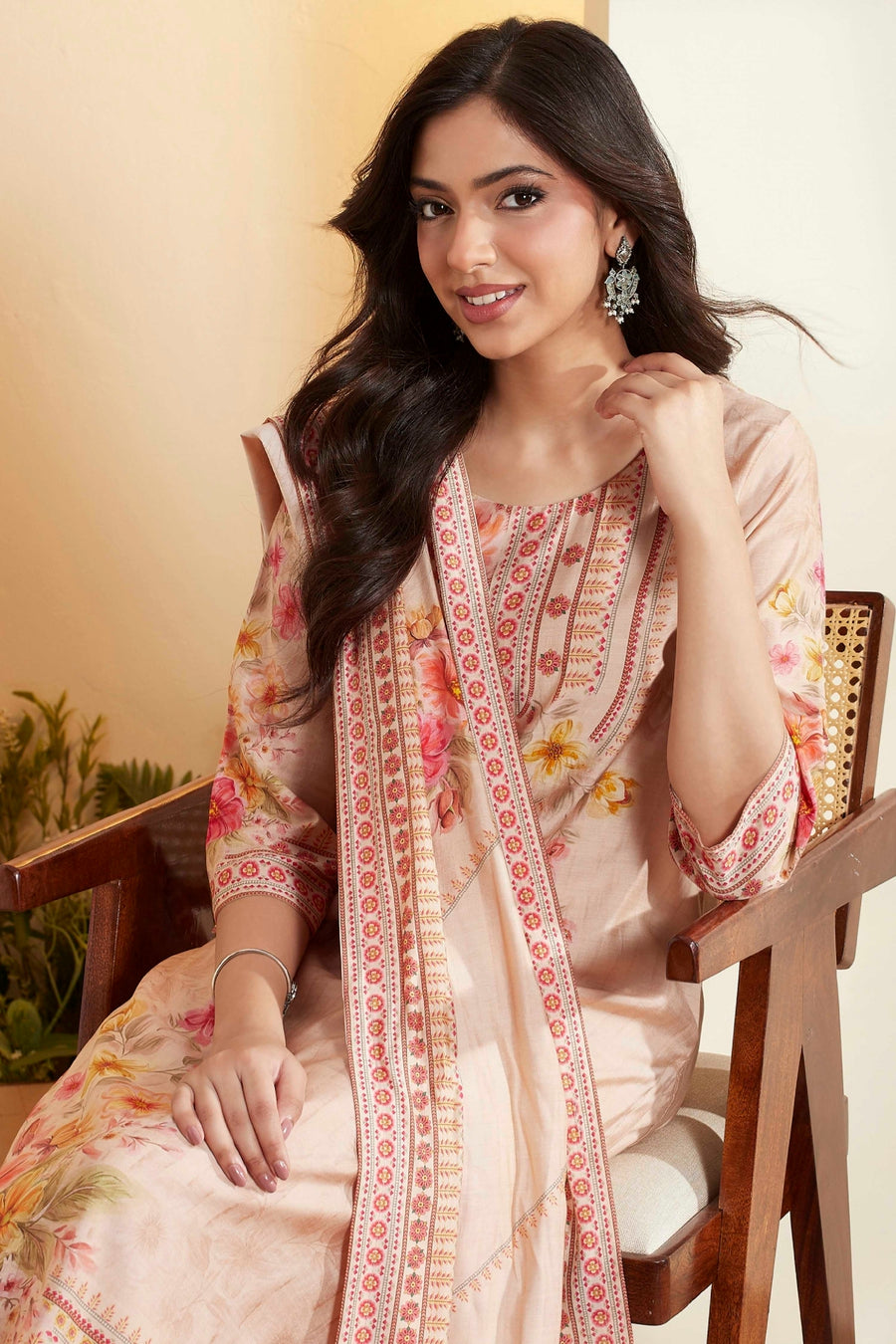 Beige Viscose Rayon Floral Printed Straight Kurta Set KS60
