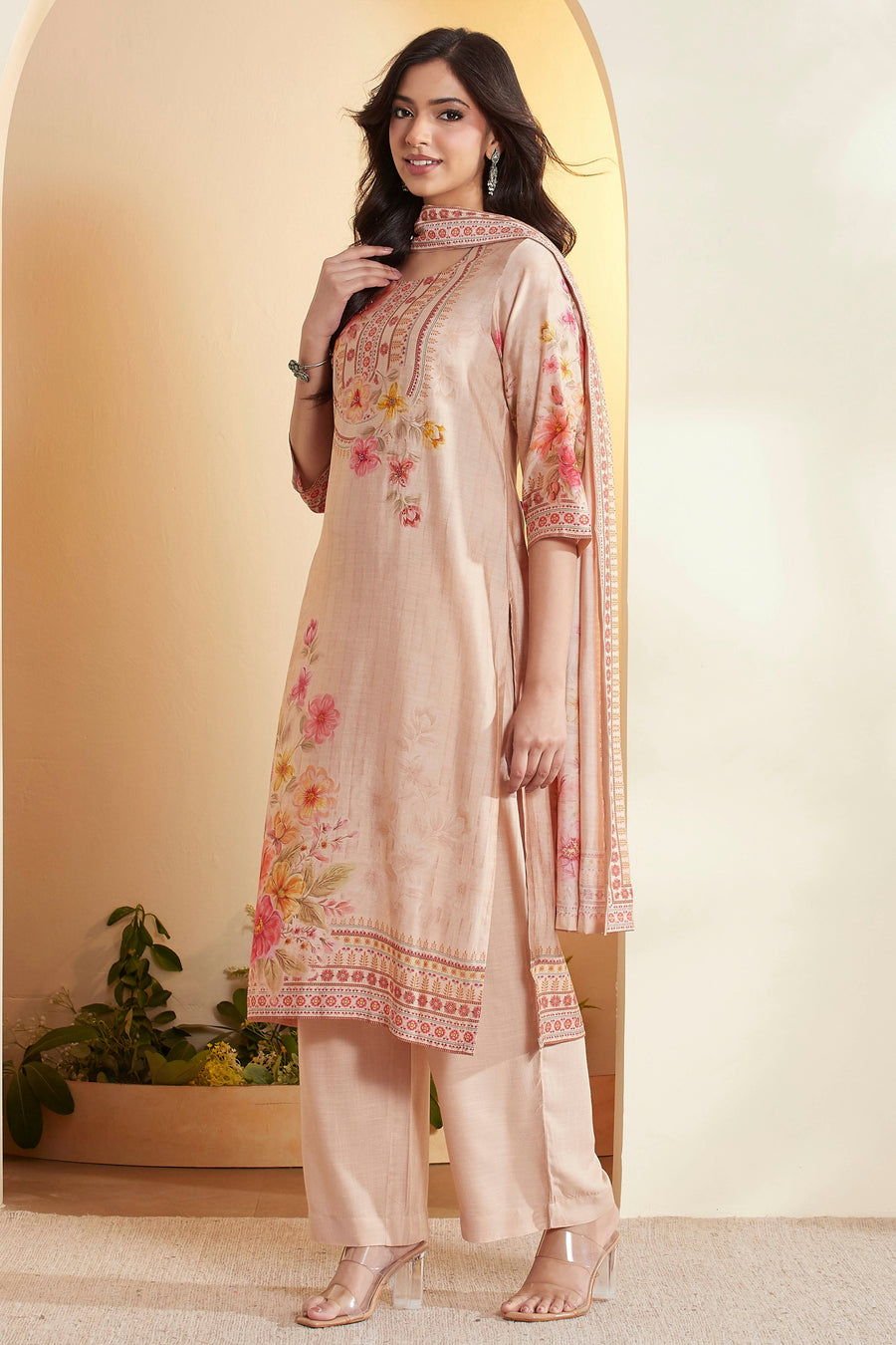 Beige Viscose Rayon Floral Printed Straight Kurta Set KS60