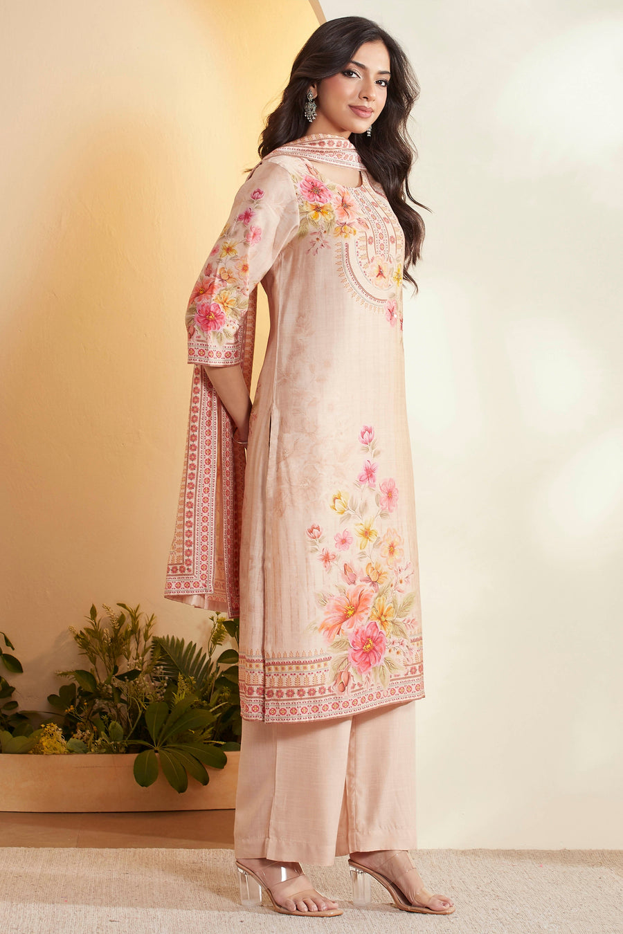 Beige Viscose Rayon Floral Printed Straight Kurta Set KS60