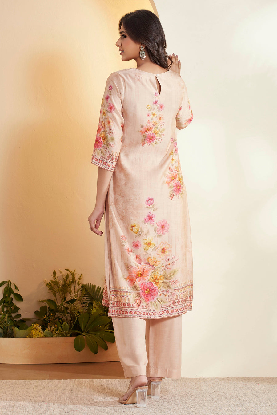 Beige Viscose Rayon Floral Printed Straight Kurta Set KS60
