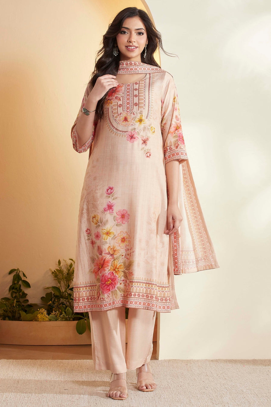 Beige Viscose Rayon Floral Printed Straight Kurta Set KS60