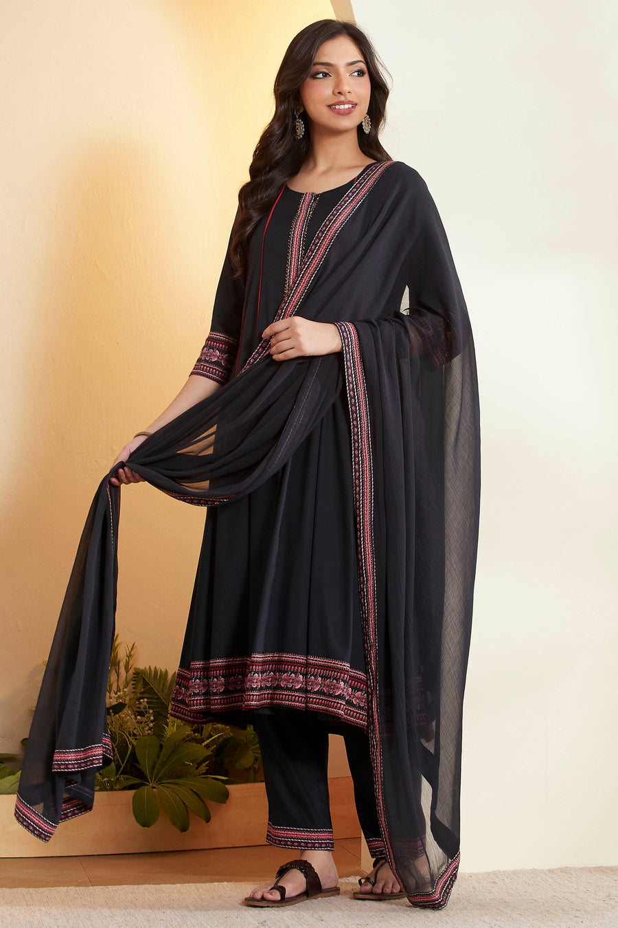 Black Viscose Rayon Printed Kalidar Kurta Set KS60