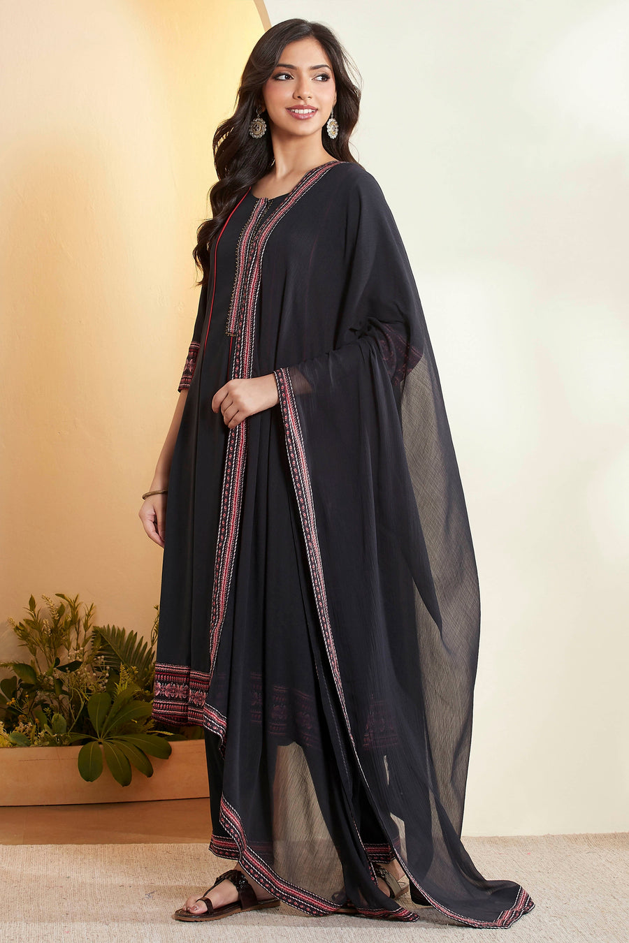 Black Viscose Rayon Printed Kalidar Kurta Set KS60