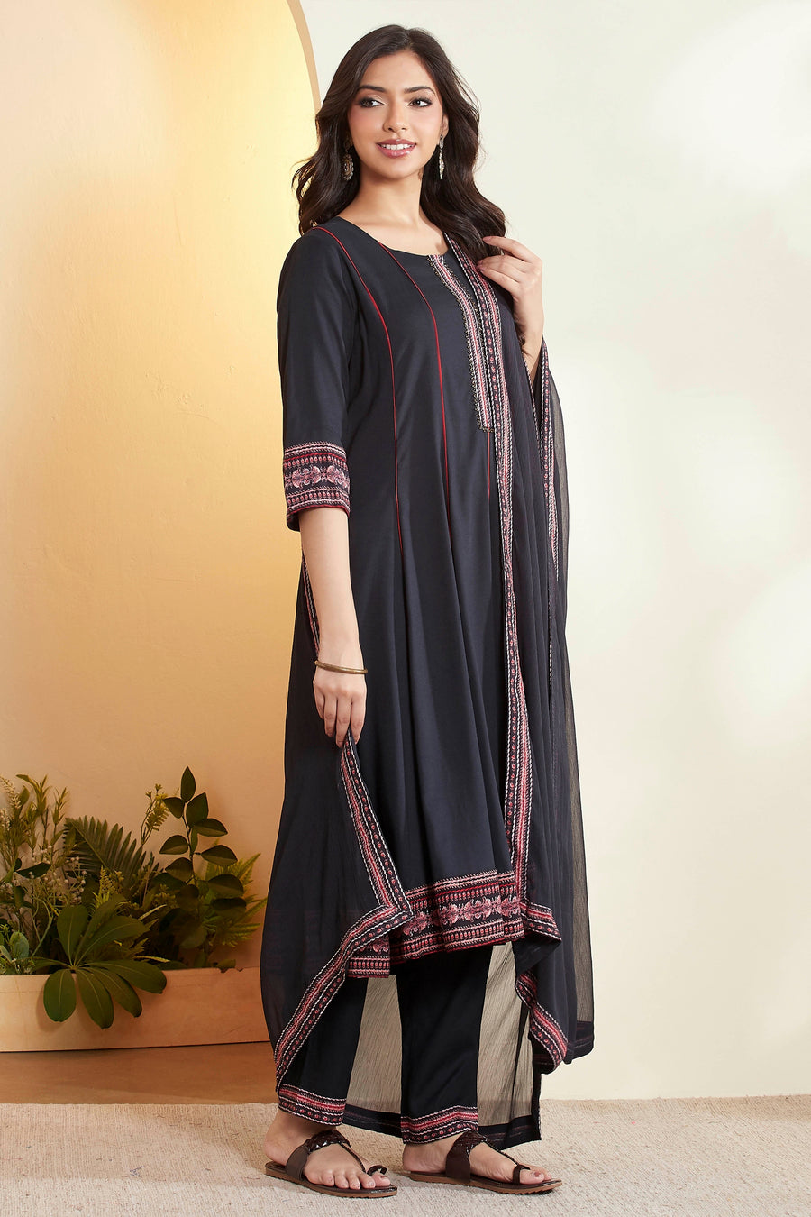 Black Viscose Rayon Printed Kalidar Kurta Set KS60