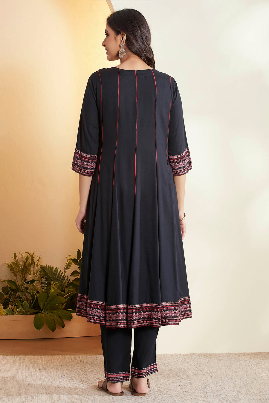 Black Viscose Rayon Printed Kalidar Kurta Set KS60