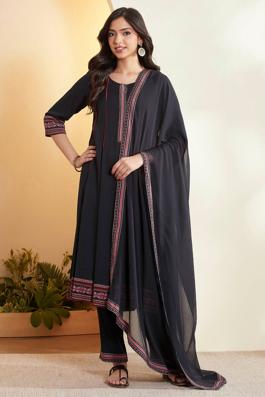 Black Viscose Rayon Printed Kalidar Kurta Set KS60
