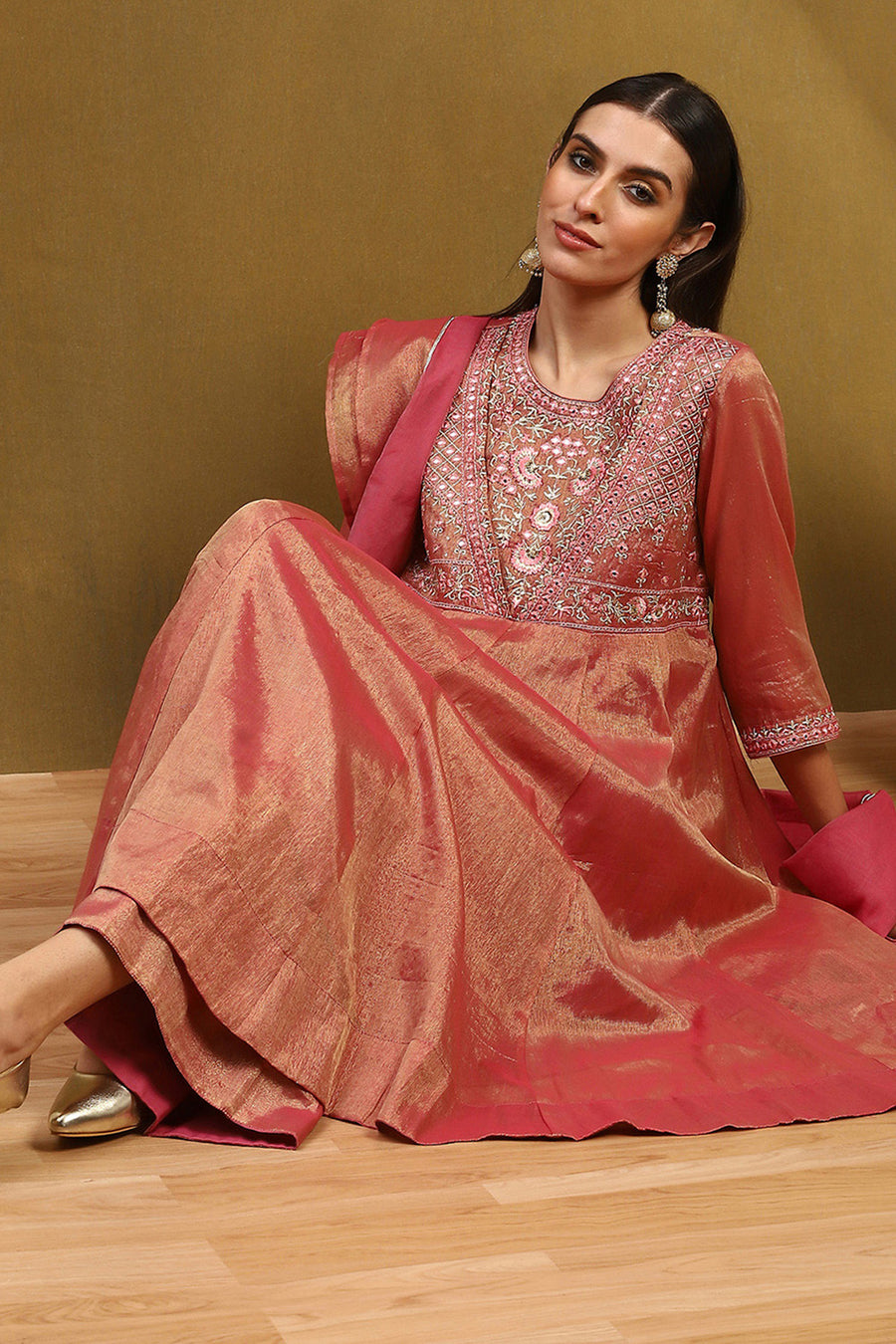 Old Rose-Toned Zari Cotton Embroidered Anarkali Suit Set A34