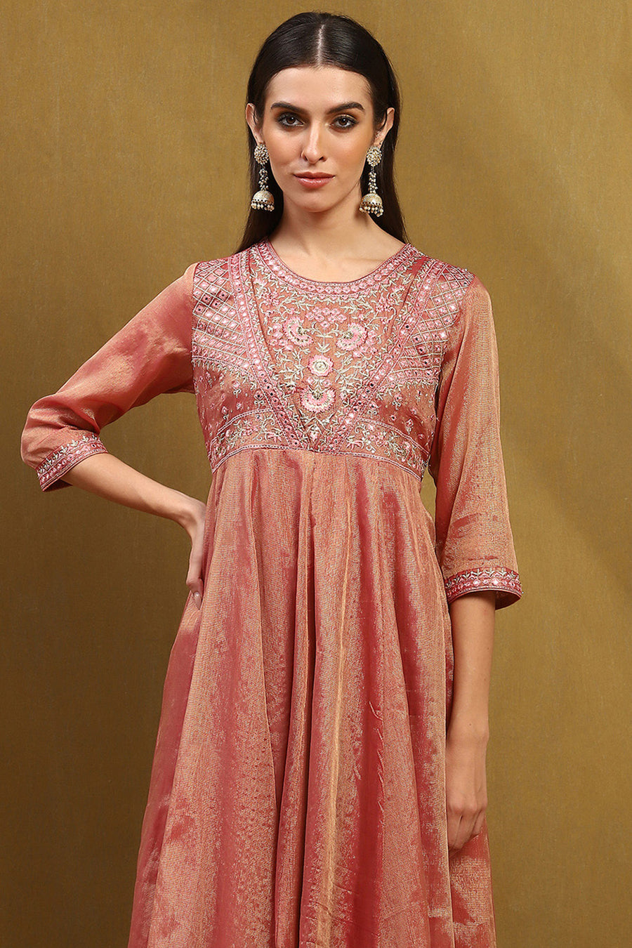 Old Rose-Toned Zari Cotton Embroidered Anarkali Suit Set A34