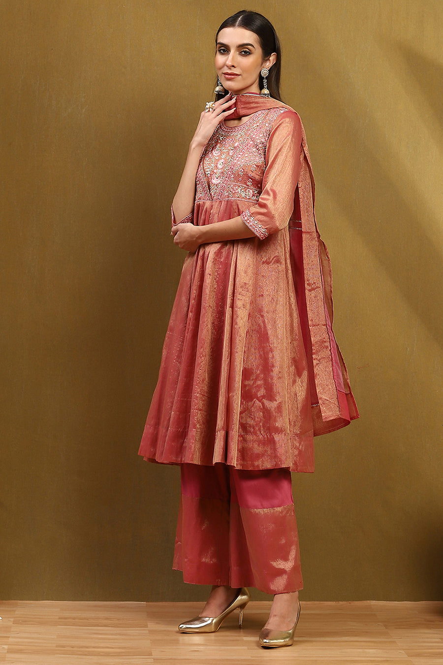 Old Rose-Toned Zari Cotton Embroidered Anarkali Suit Set A34