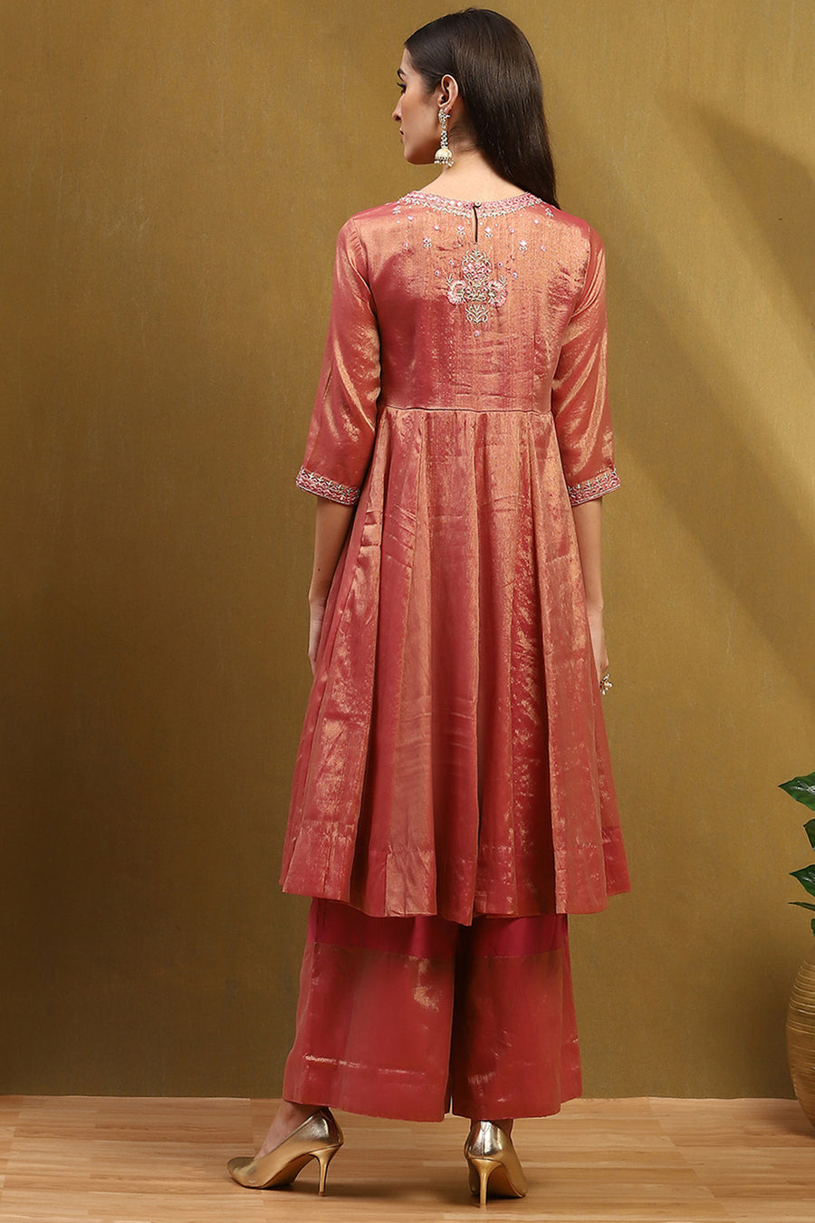Old Rose-Toned Zari Cotton Embroidered Anarkali Suit Set A34