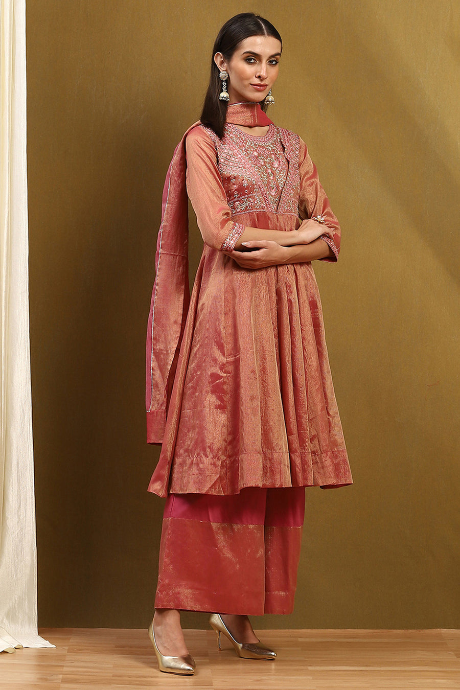 Old Rose-Toned Zari Cotton Embroidered Anarkali Suit Set A34