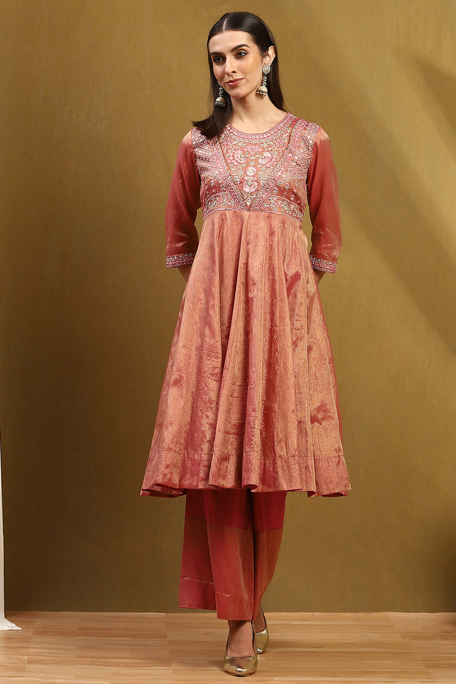 Old Rose-Toned Zari Cotton Embroidered Anarkali Suit Set A34