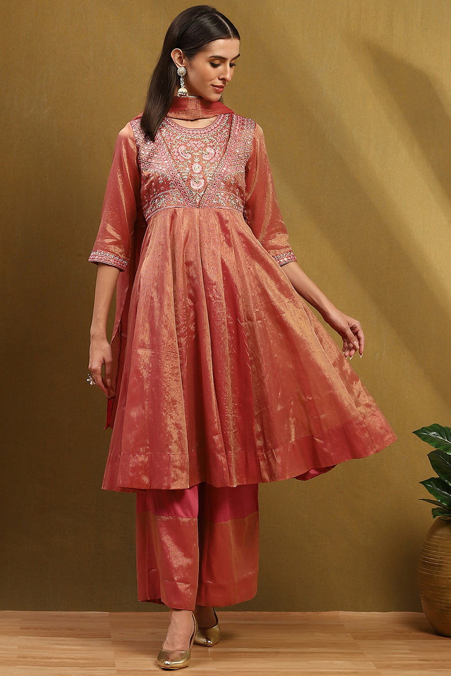 Old Rose-Toned Zari Cotton Embroidered Anarkali Suit Set A34