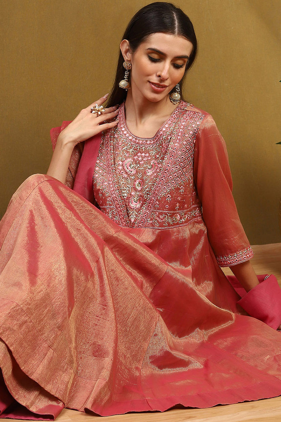 Old Rose-Toned Zari Cotton Embroidered Anarkali Suit Set A34