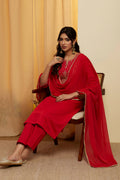 Red Cotton Yoke Embroidered Straight Kurta Set KS60