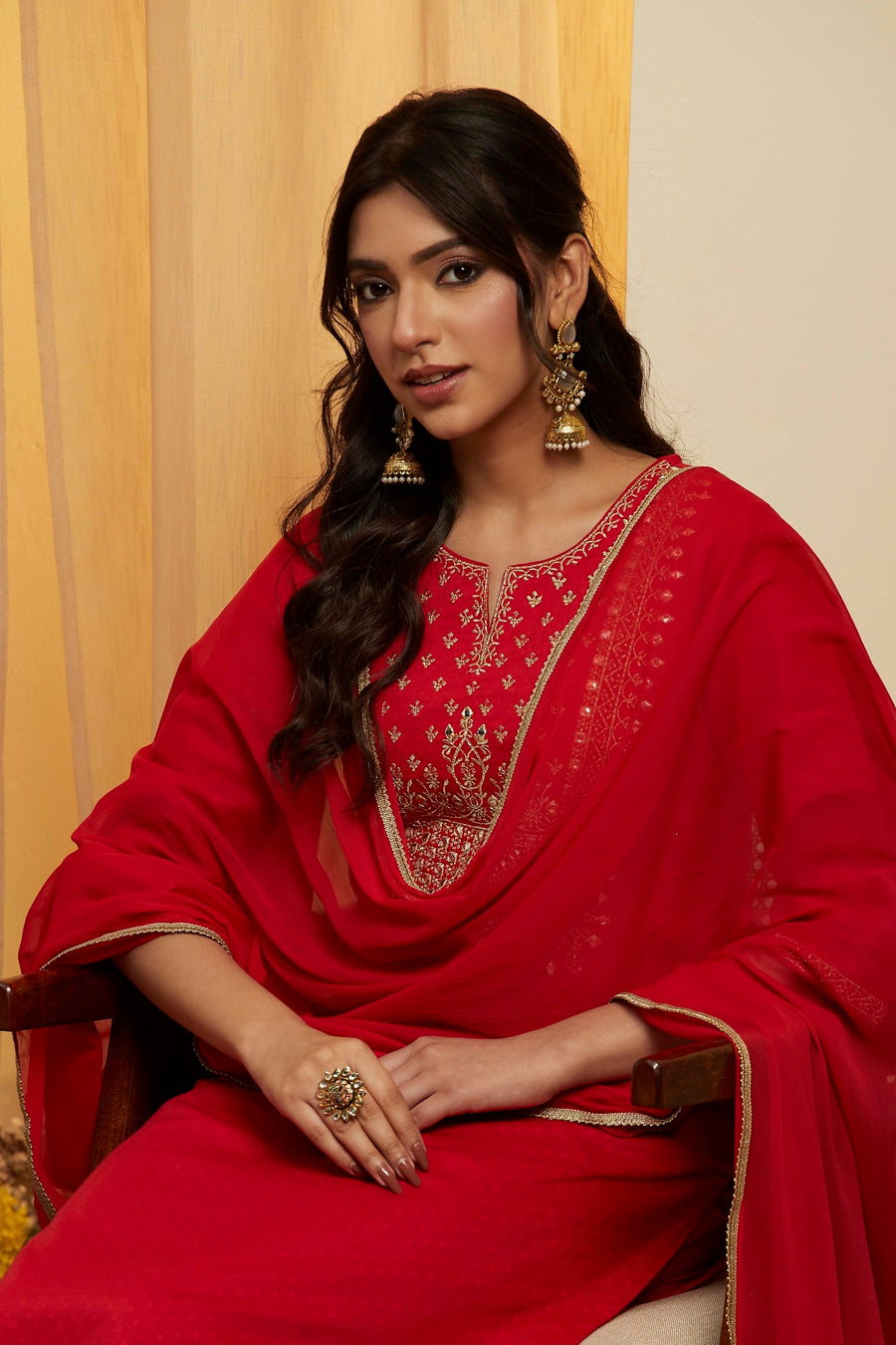Red Cotton Yoke Embroidered Straight Kurta Set KS60