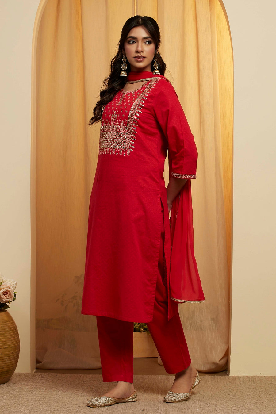 Red Cotton Yoke Embroidered Straight Kurta Set KS60