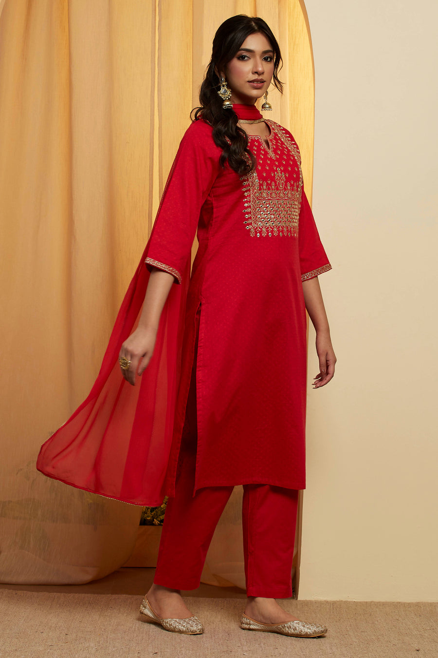 Red Cotton Yoke Embroidered Straight Kurta Set KS60