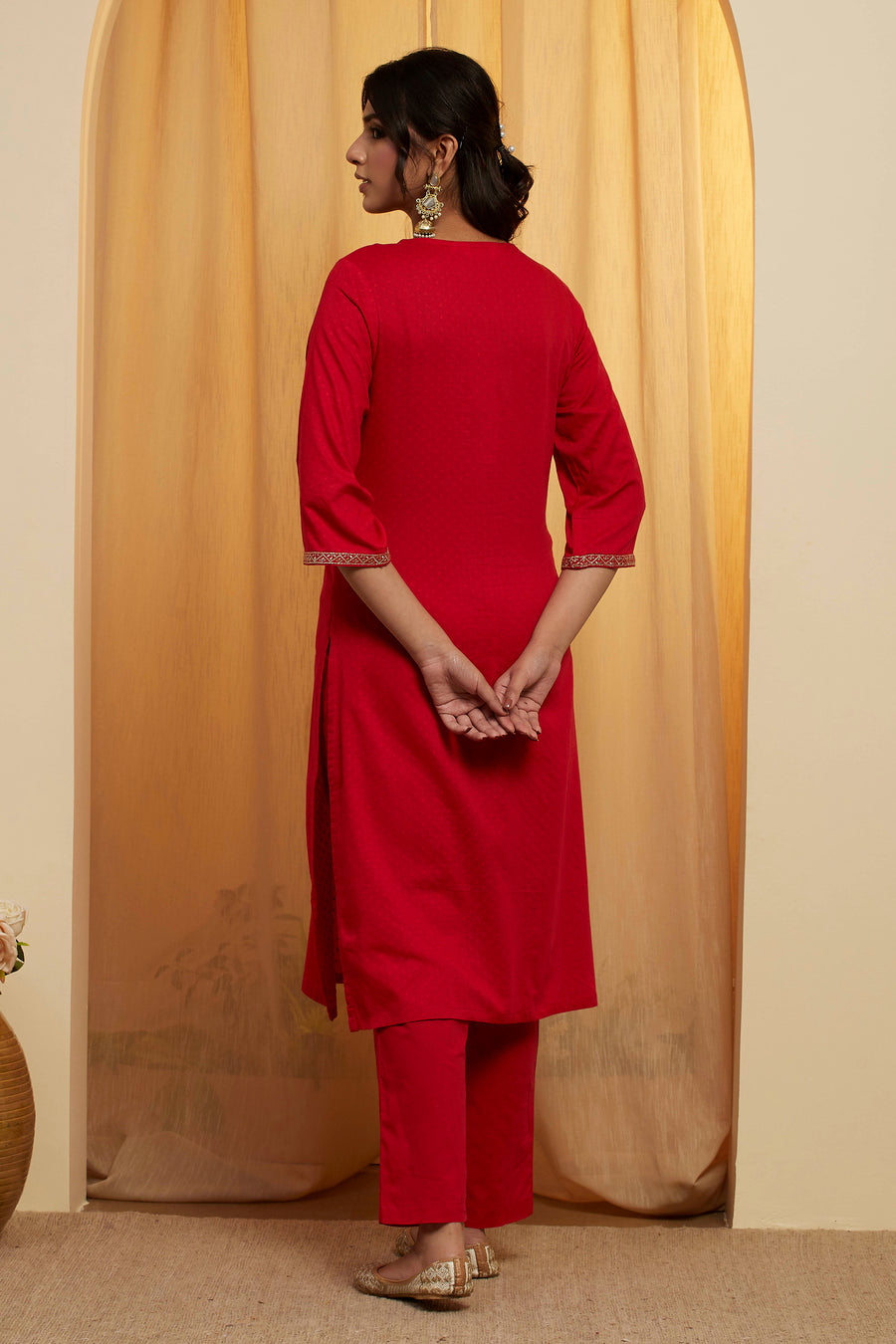 Red Cotton Yoke Embroidered Straight Kurta Set KS60