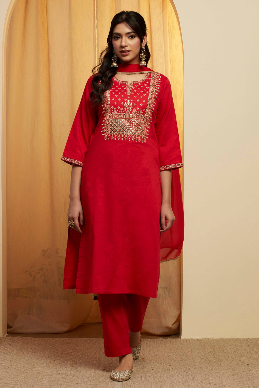 Red Cotton Yoke Embroidered Straight Kurta Set KS60