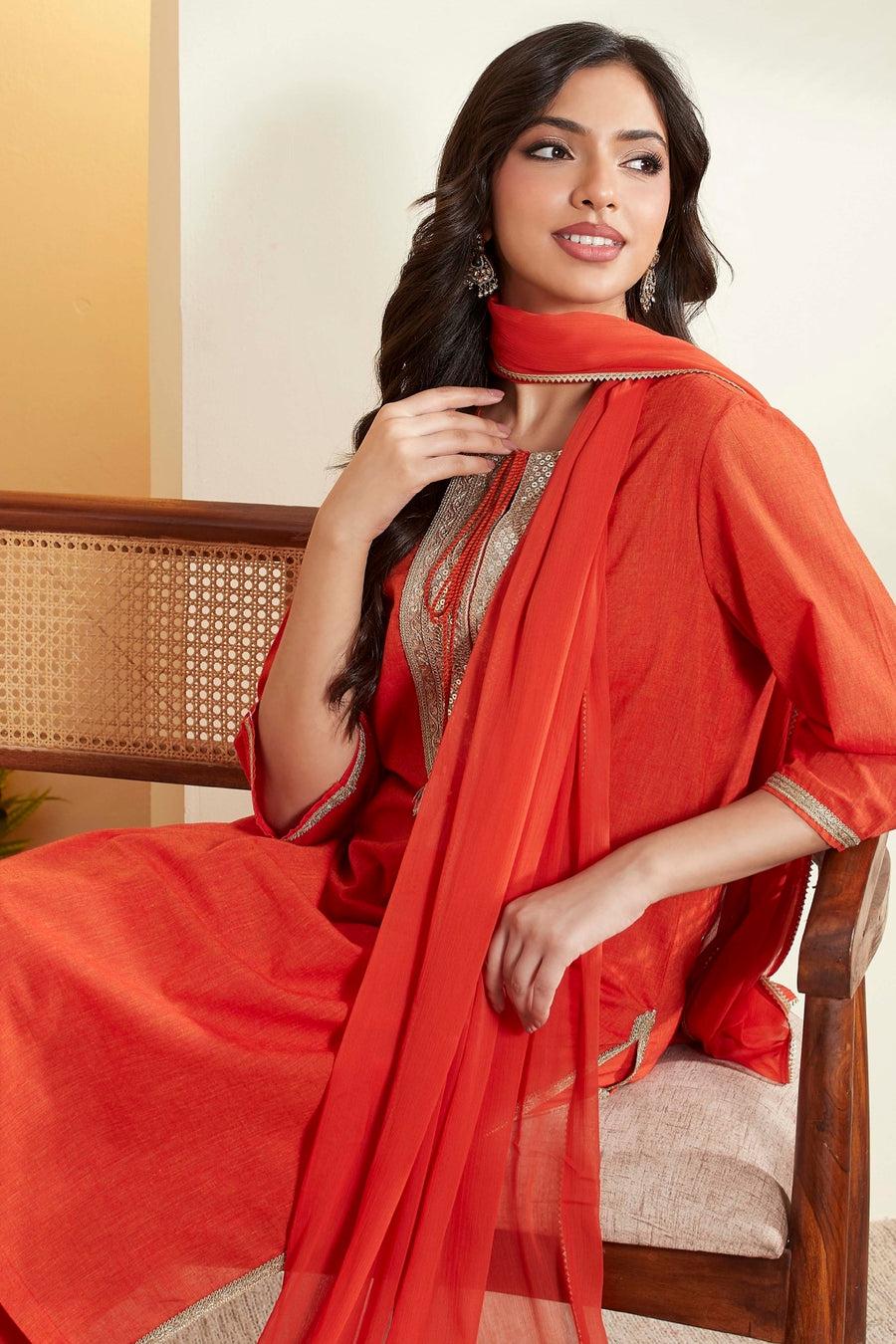 Rust Cotton Yoke Design Straight Kurta Set KS60