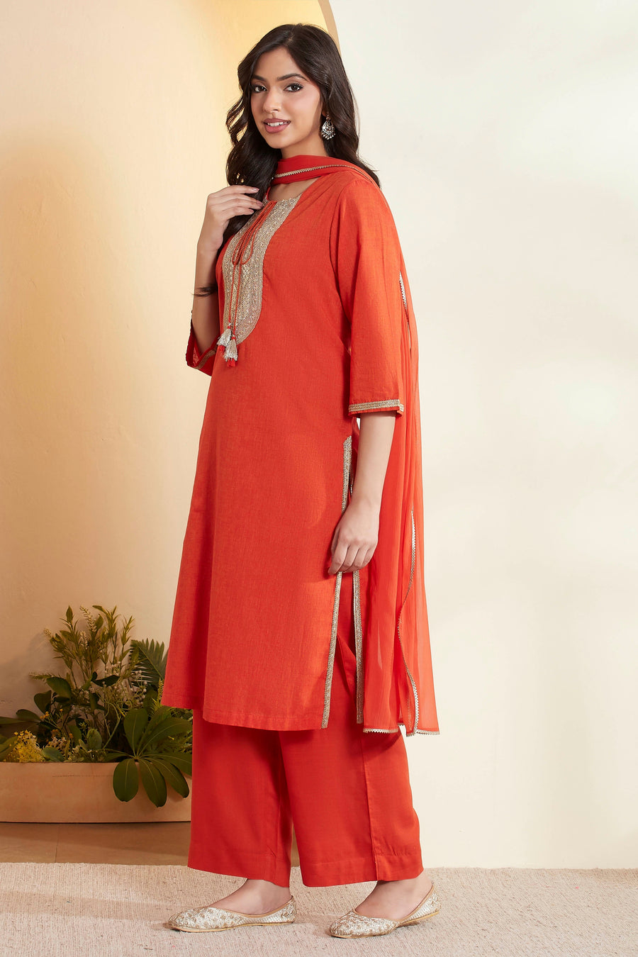 Rust Cotton Yoke Design Straight Kurta Set KS60