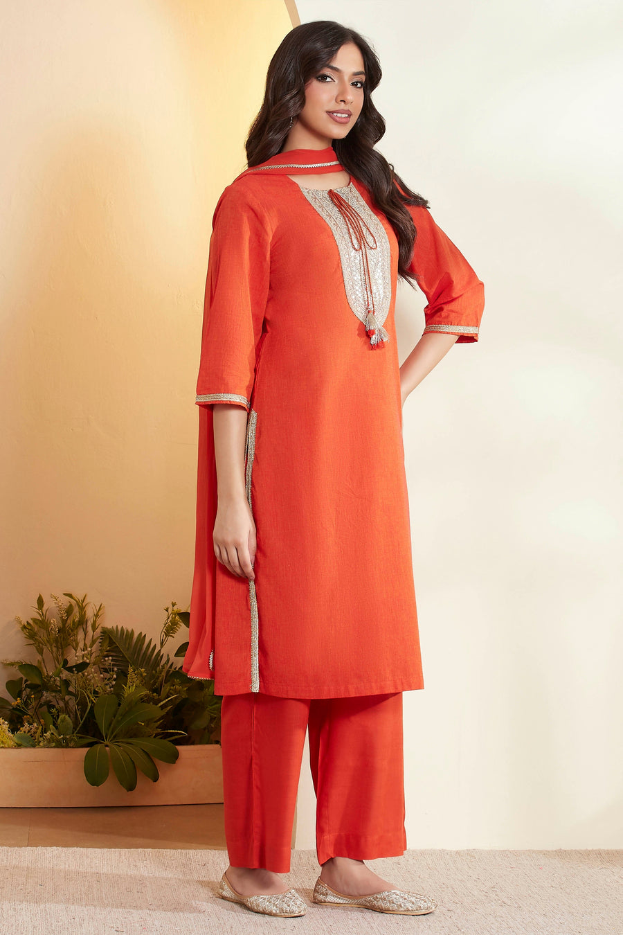 Rust Cotton Yoke Design Straight Kurta Set KS60
